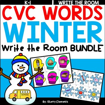 Preview of Winter CVC Words | Literacy Center | Write the Room | BUNDLE | Snowman | Mitten