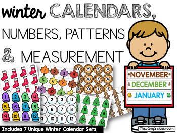 Preview of Winter Calendar Numbers, Patterns & Measurement for Preschool (Nov. Dec. Jan.)