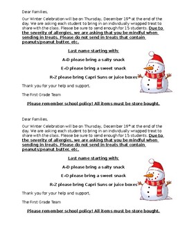 Preview of Winter Class Celebration Parent Letter