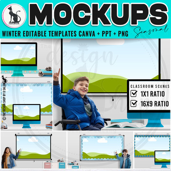 Preview of Winter Classroom Scenes Editable Canva and PowerPoint Templates Movable Elements