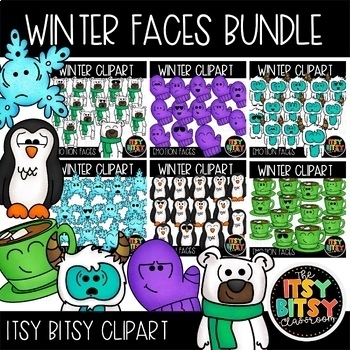 Preview of Winter Clipart Emotion Faces BUNDLE- Yetis Polar Bears Mittens Penguins