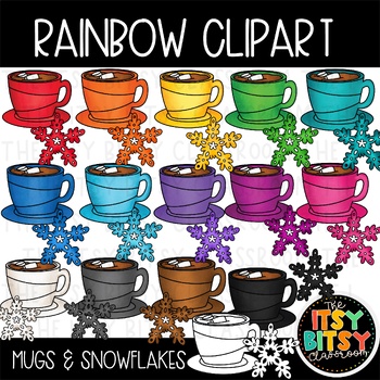 Preview of Winter Clipart Matching Rainbow Hot Chocolate Mugs and Snowflakes
