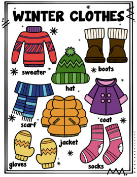 Winter Clothes Flashcards, Coloring page, poster & clipart / Ropa de ...