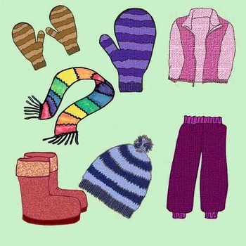 Winter Clothing Clip Art - Realistic - Mittens, scarf, hat, snow pants ...