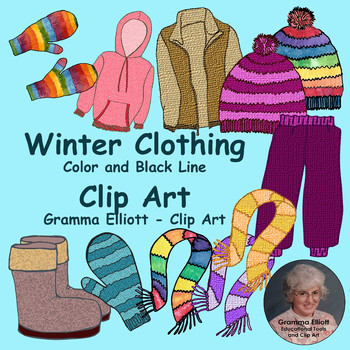 Preview of Winter Clothing Clip Art - Realistic - Mittens, scarf, hat, snow pants, jacket