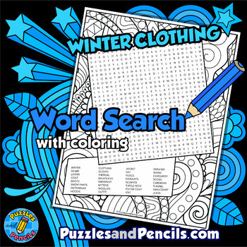 Preview of Winter Clothing Word Search Puzzle Activity Page with Coloring | Seasons