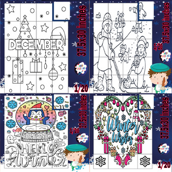 Preview of Winter Collaborative Posters Art Coloring Pages -December Bulletin Board -Bundle