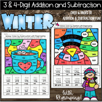 Preview of Winter Color By 3 & 4-Digit Addition And Subtraction With Regrouping