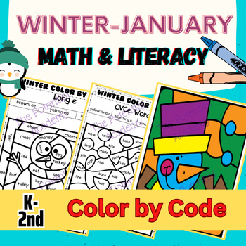 Preview of Winter Color By Code Math And Literacy, 1st Grade January Morning Work