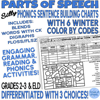 Preview of Winter Color By Code Phonics Silly Sentence Building Parts of Speech Worksheets