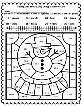 FREE Winter Color By Number Adding and Subtracting Using a Number Line