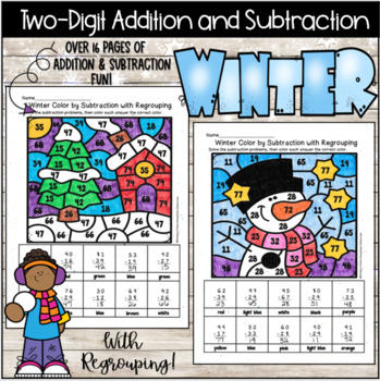 Preview of Winter Color By Two Digit Addition And Subtraction With Regrouping