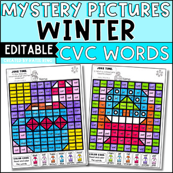 Preview of Winter Color by Code CVC Words Mystery Pictures Editable Worksheets