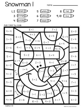 color by code winter math addition and subtraction by first grade