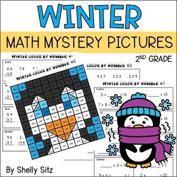 Preview of Winter Color by Number Math Mystery Pictures | 2nd Grade Math Worksheets