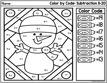 Winter Color by Code: Subtraction 11-20 by The Moffatt Girls | TPT
