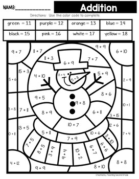 Winter Color by Number Addition by Teaching Second Grade | TPT
