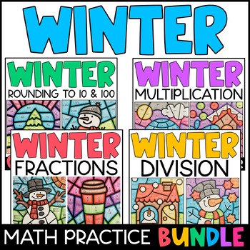 Preview of Winter Color by Number Bundle: Multiplication, Division, Rounding, and Fractions