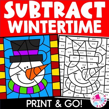 Preview of Winter Color by Number Code Subtraction to 10 & 20 Coloring Pages Sheets