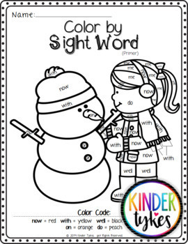 Winter Color by Sight Word (Primer) by Kinder Tykes | TpT