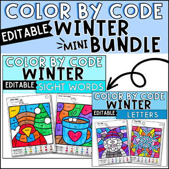 Preview of Winter Color by Sight Word and Letter Recognition Editable Bundle