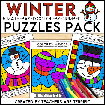 Preview of Winter Coloring Pages Color by Number Basic Math Grades 3-4