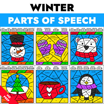 Preview of Winter Coloring Pages - Parts of Speech Color by Code - Grammar Activity