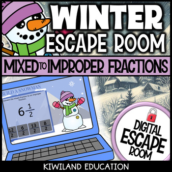 Preview of Winter Converting Mixed Numbers to Improper Fractions Digital Escape Room Game