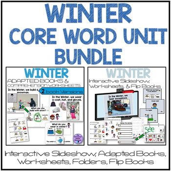 Preview of Winter Core Word Slideshow, Adapted Book, Worksheet, Flip Book BUNDLE Special Ed
