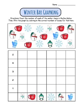 Preview of Winter Count 1 to 5 Bar Graphing Worksheet: Color Boxes Cute Snowman Early Math