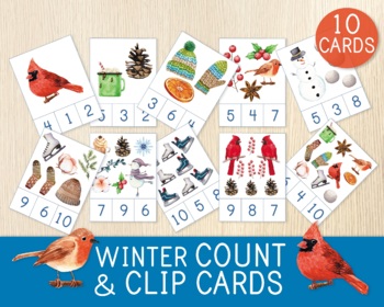 Preview of Winter Count & Clip Cards, Numbers 1-10, Counting Cards, Montessori, Flashcards