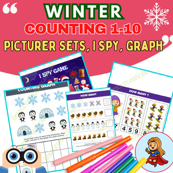 Preview of Winter Counting 1-10, Winter Math Activities for Preschool, I spy, Graphing