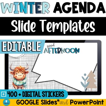 Preview of Winter Daily Classroom Agenda Slides Template - Editable - with Digital Stickers