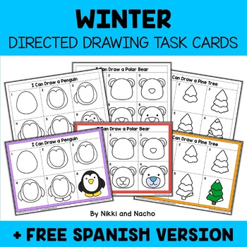 Preview of Winter Directed Drawing Task Card Activities + FREE Spanish