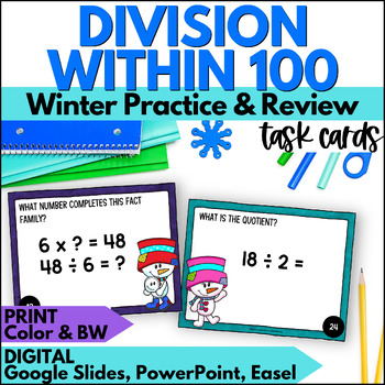 Preview of Winter Division Facts Task Cards - Snowman Division within 100 Practice & Review