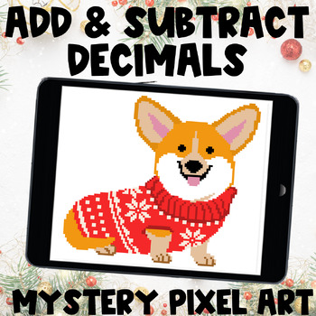 Preview of Winter Dog Adding and Subtracting Decimals Pixel Art Digital Holiday Activity