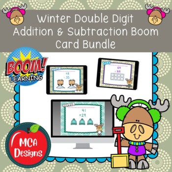Preview of Winter Double Digit Addition and Subtraction Boom Card Bundle