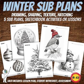 Preview of Winter Drawing Packets, 5 Art Sub Plans, Middle or High School Art Activity
