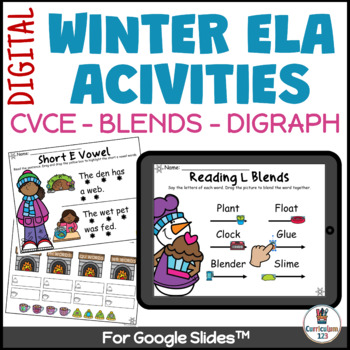 Preview of Winter ELA Digital Activities Kindergarten First Grade CVCe CVC Blends Digraph 