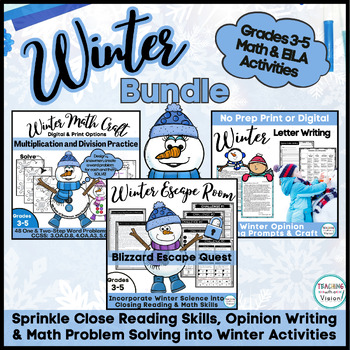Preview of Winter ELA & Math Activities Bundle Differentiated Prompts  3rd 4th 5th Grade