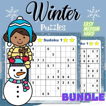 Preview of Winter Easy Medium Hard Puzzles Sudoku Activity Pages With Solution - BUNDLE