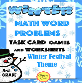 Preview of Winter Festival Math Word Problem Task Card Games for 3rd: Print and Digital