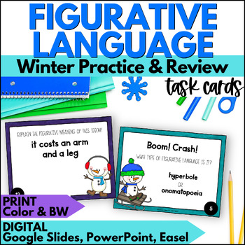 Preview of Winter Figurative Language Task Cards - Snowman Reading Practice Review Activity