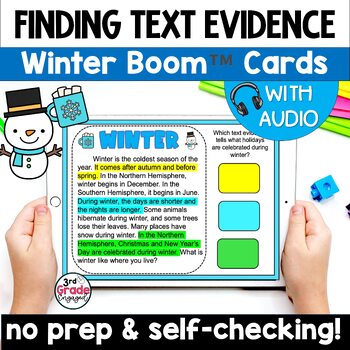Preview of Winter Finding Citing Text Evidence Reading Boom Cards Task Cards with Audio
