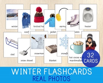 Preview of Winter Flashcards, 32 Word Cards, Real Photos, for Speech Therapy and ESL