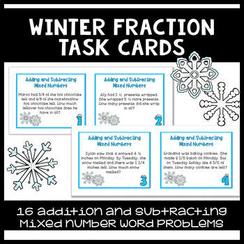 Preview of Winter Fraction Word Problem Task Cards - Adding and Subtracting Mixed Numbers