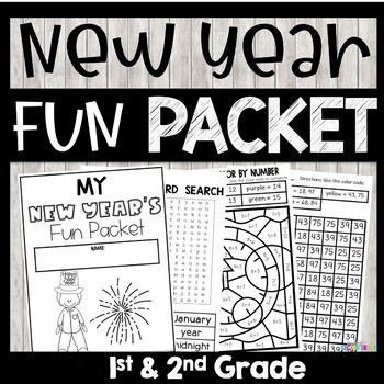 Preview of New Years Fun Packet - Busy Work Worksheets with Color by Number and Word Search