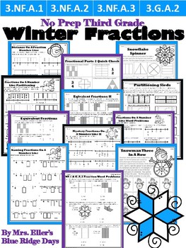 Preview of Winter Fractions NO PREP 3rd Grade Edition - 3.NF.A.1 3.NF.A.2 3.NF.A.3