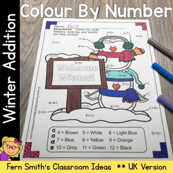 Preview of Winter Colour By Number Addition Facts UK Version