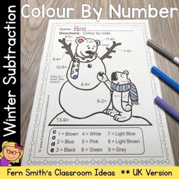 Preview of Winter Colour By Number Subtraction Facts UK Version